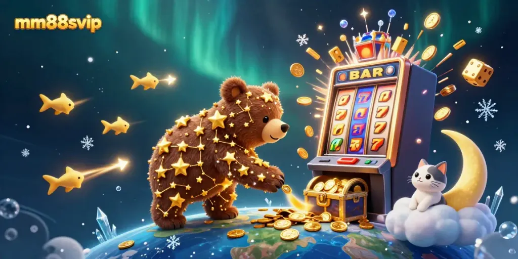 Engage with the vibrant casino atmosphere of mm88svip as the constellation bear scoops coins amid a jackpot explosion.