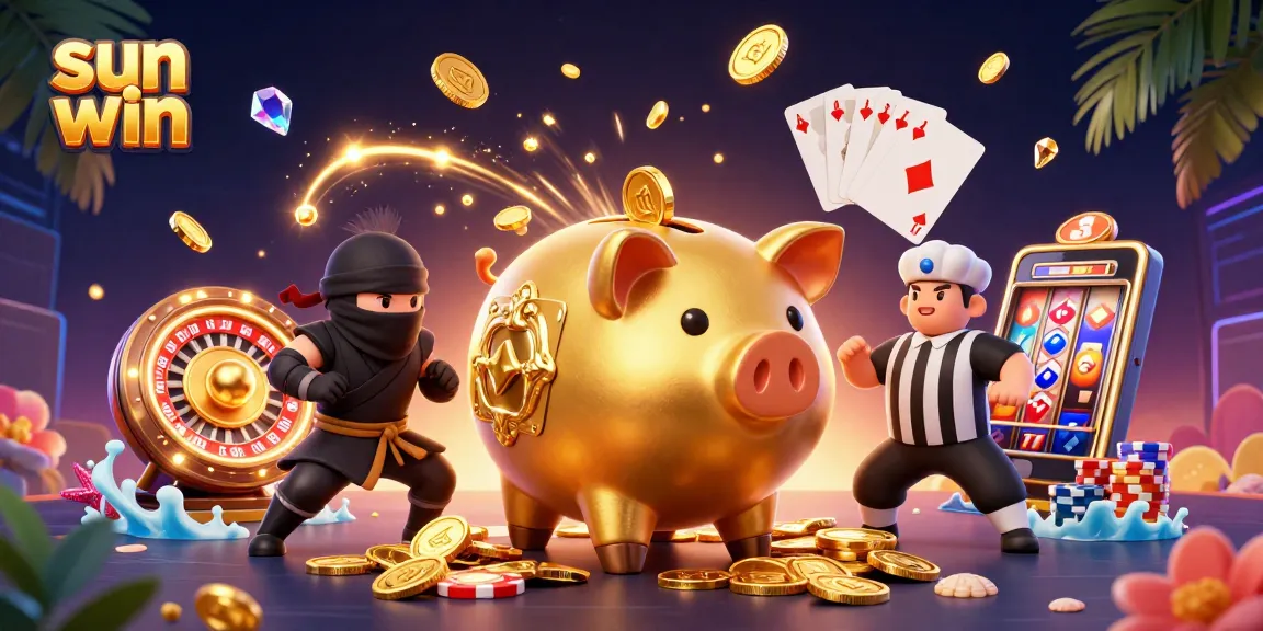 Experience thrilling wins with Sun Win in a dynamic 3D casino illustration featuring vibrant gaming elements.