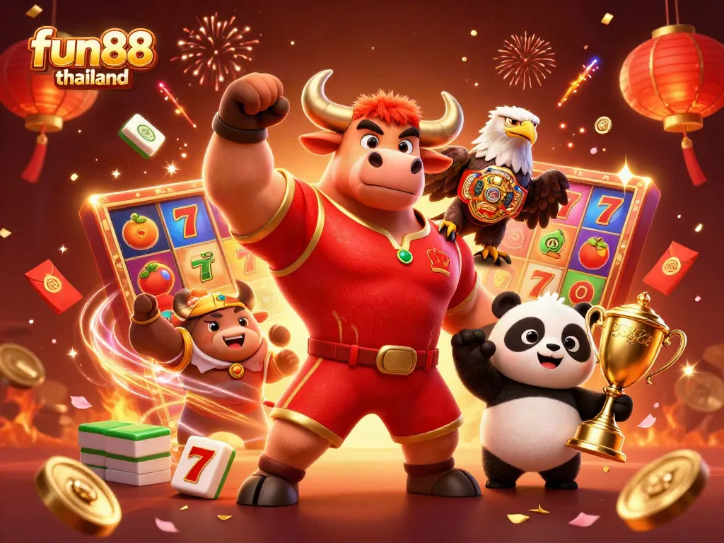 Join the excitement with fun88 thailand as a cartoon bull mascot celebrates a big win!