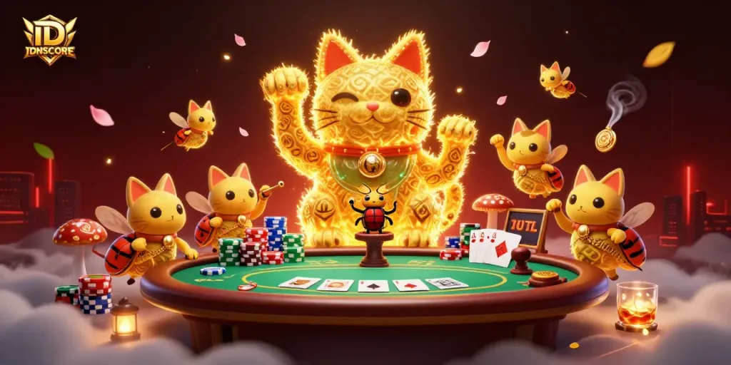 IDNSCORE showcases a lucky cat from a swarm of golden fireflies, surrounded by vibrant poker elements.