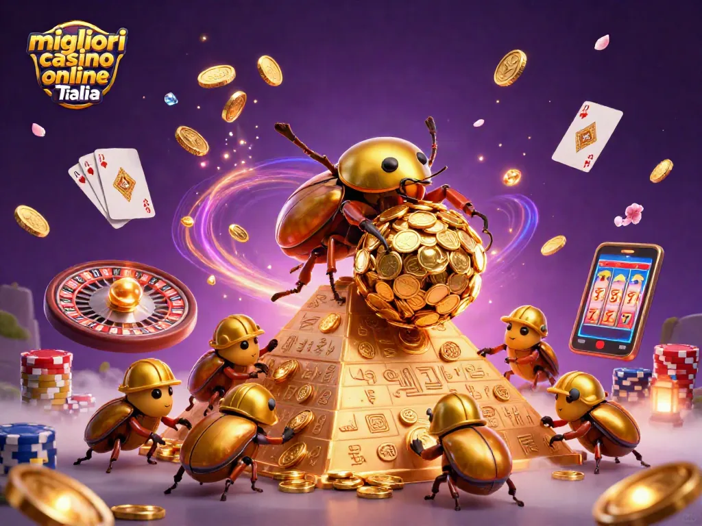 I migliori casino online in Italia presentano un'illustrazione vibrante di un coleottero d'oro e simboli del casinò.