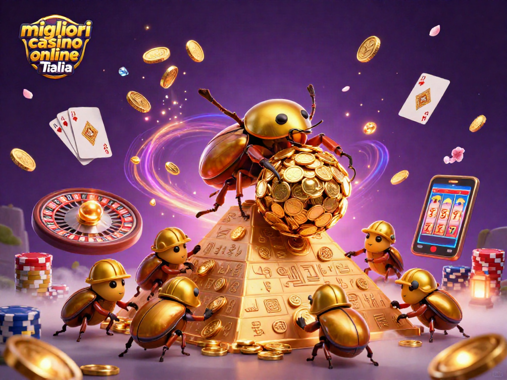 I migliori casino online in Italia presentano un'illustrazione vibrante di un coleottero d'oro e simboli del casinò.