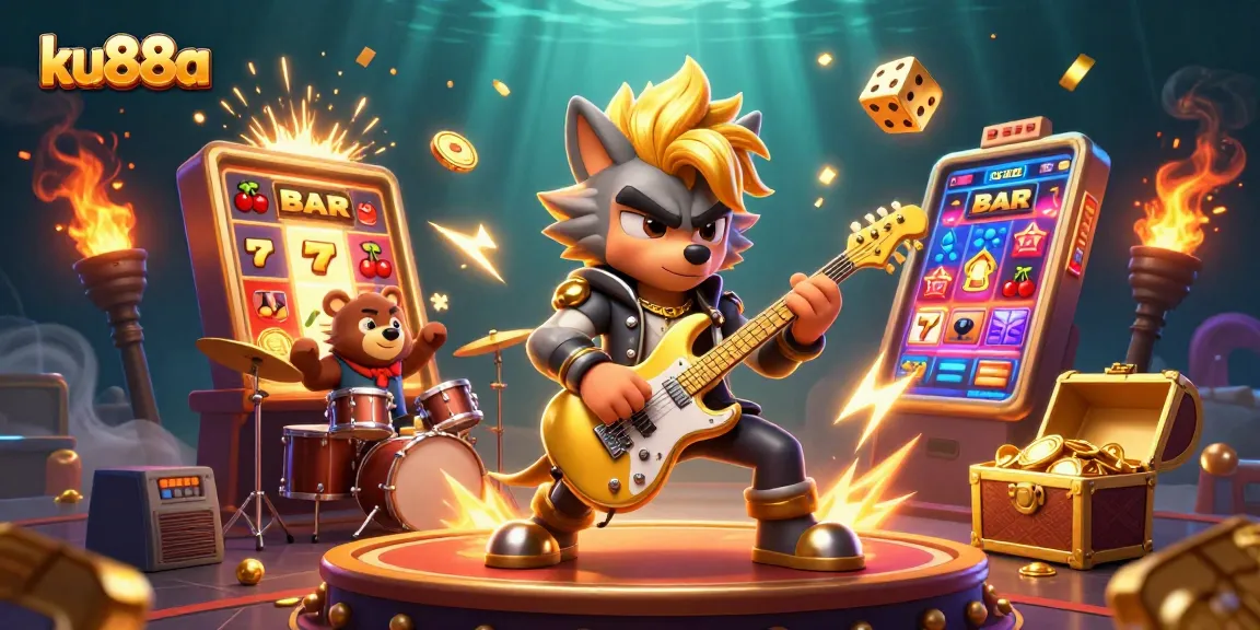 Experience the excitement of ku88a with a lively casino scene featuring vibrant characters and slot machines.