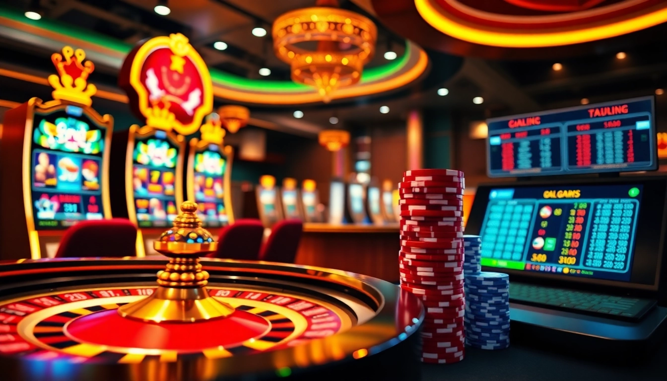 Lucky players enjoying the thrilling online casino experience at luck8 with vibrant slot machines and a roulette wheel.