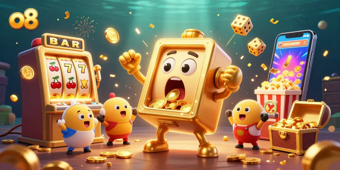 Join the excitement at o8 with a dynamic slot machine jackpot scene filled with coins and cheering machines.