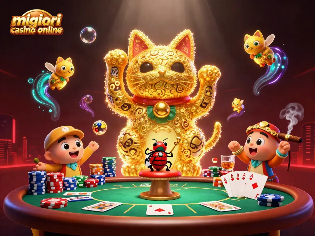 Scopri i migliori casino online con un'illustrazione della forma di un gatto fortunato e simboli del gioco.