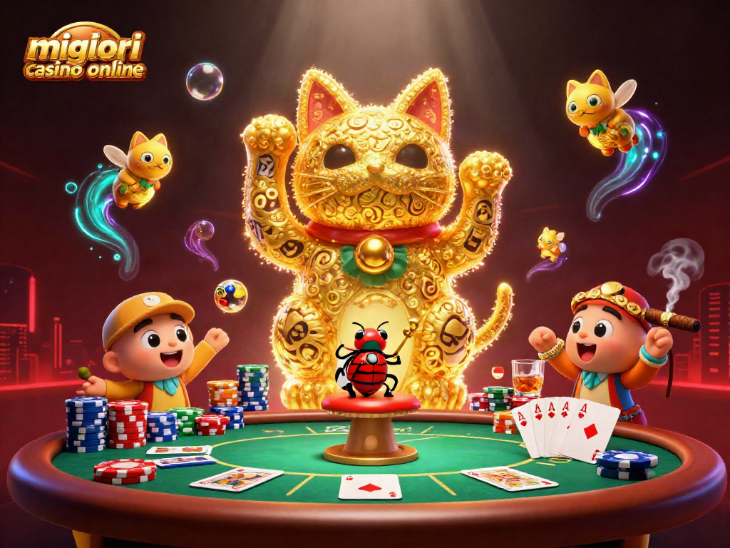 Scopri i migliori casino online con un'illustrazione della forma di un gatto fortunato e simboli del gioco.