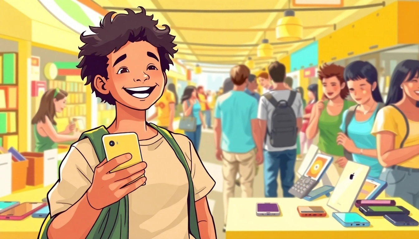 Sell Your Old Phone enthusiastically in a vibrant marketplace setting.
