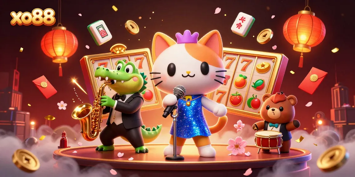 Engage with exciting slots at xo88 with a lively 3D casino scene featuring musical characters.