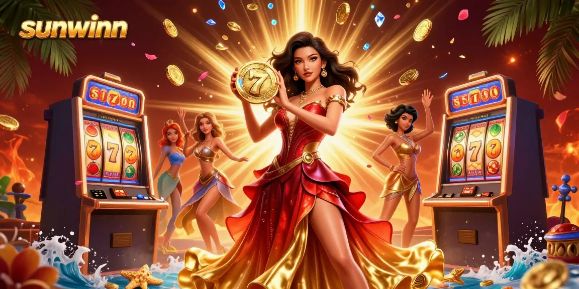 Experience the thrill of sunwinn with a stunning Asian woman at a vibrant casino scene featuring slot reels and golden coins.