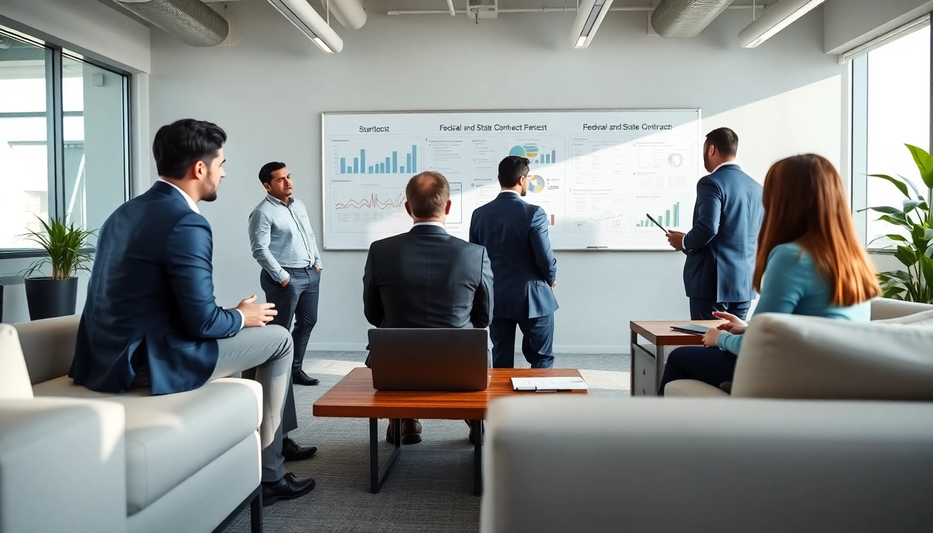 Consultants collaborate on Federal and State contracts in a modern office environment.