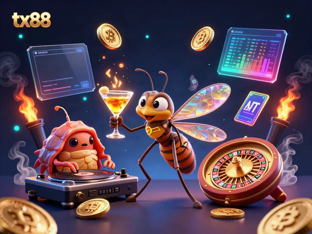Experience the vibrant world of tx88 with dynamic casino mascot characters and floating crypto elements.