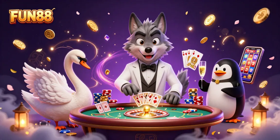 Experience thrilling FUN88 casino games with cartoon characters, dynamic gold coins, and vibrant visuals.