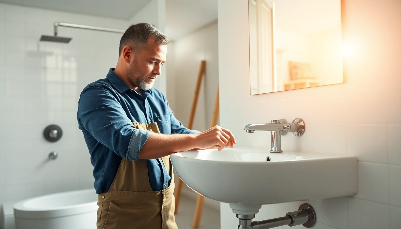 Sanitär Installation von Sonni Sanitär durch einen Fachmann in einem hellen Badezimmer.