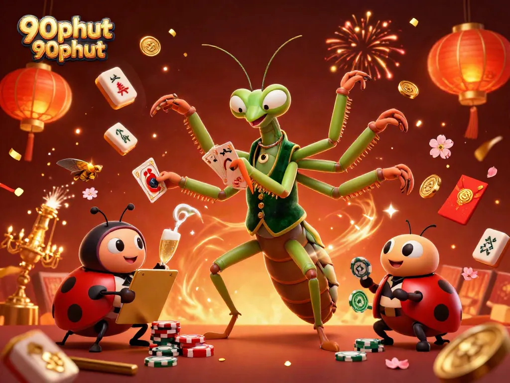 90phut 90phut - Giant praying mantis card sharp entertaining players in a vibrant casino scene.