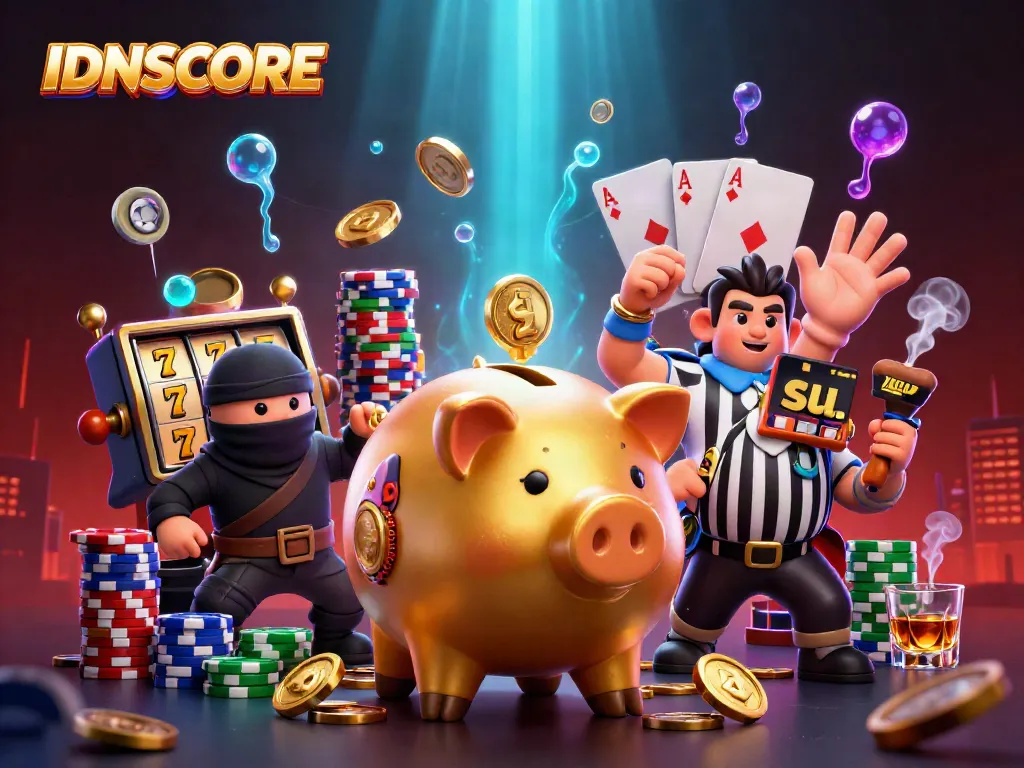 Experience IDNSCORE's exciting spins with a piggy bank sumo wrestler and vibrant casino elements.