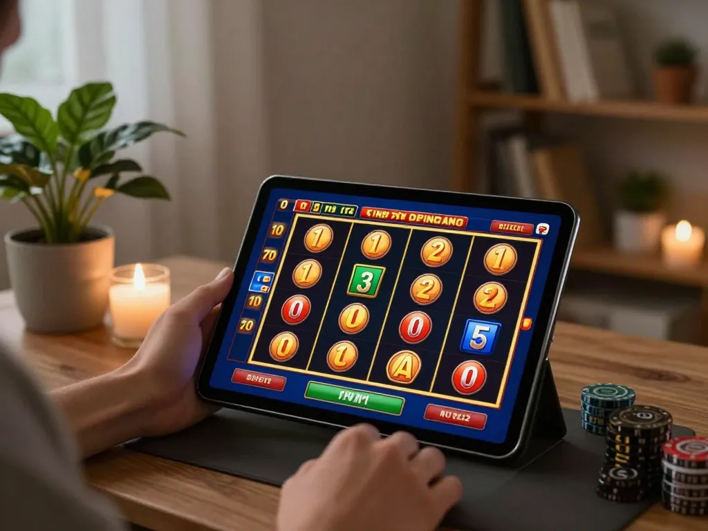 Engaging online gaming experience at a cổng game uy tín, showcasing a player enjoying a slot game on a tablet.