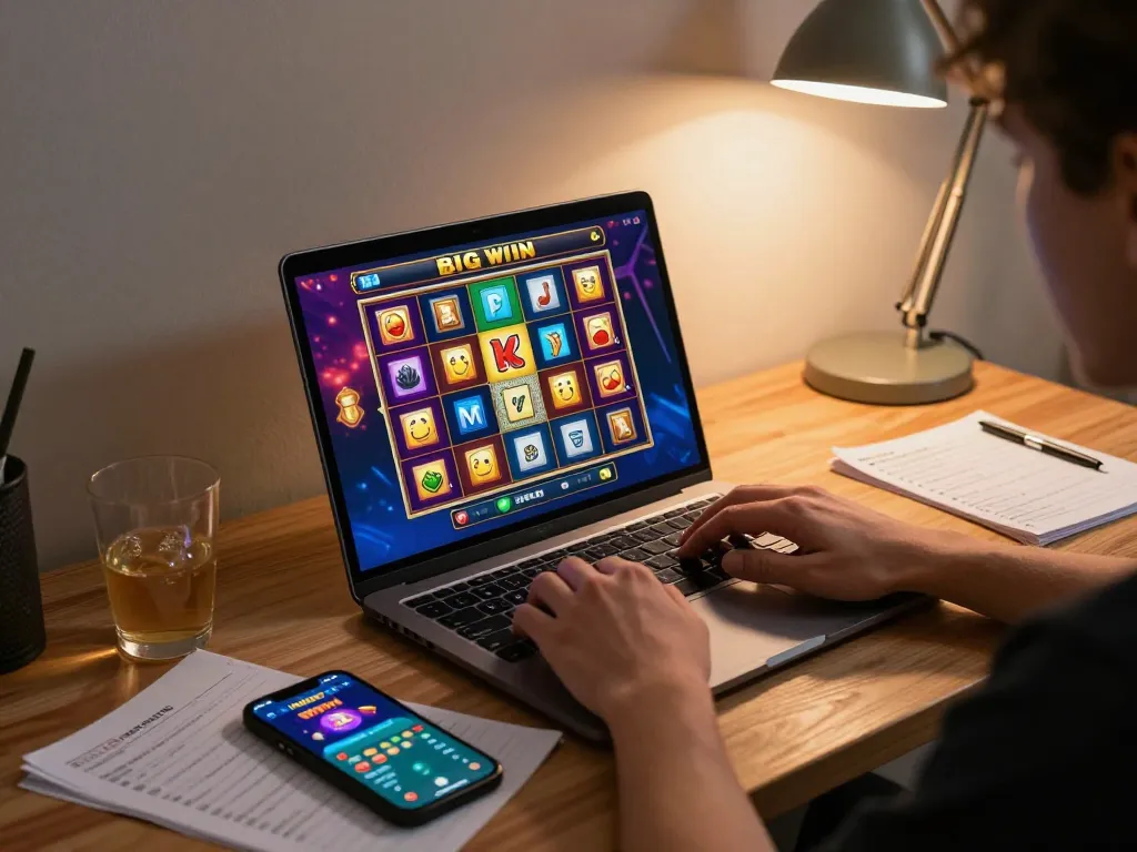 Engaging online gaming scene showcasing a player on a laptop aiming for link gacor in slot games.