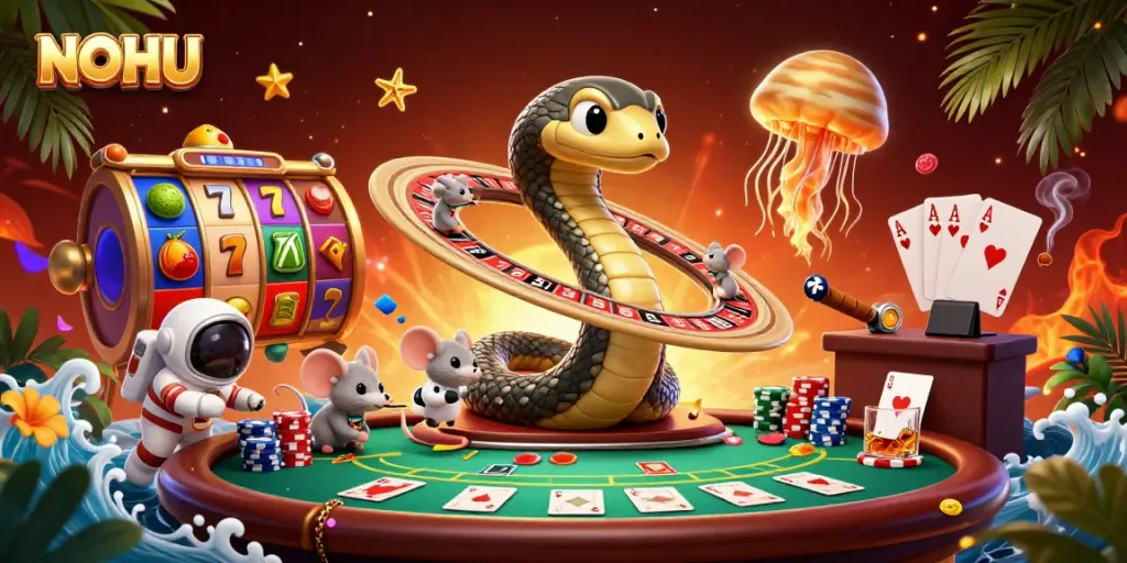 Spin the roulette with NOHU's cosmic dealer at this vibrant casino-themed scene filled with colorful slots.