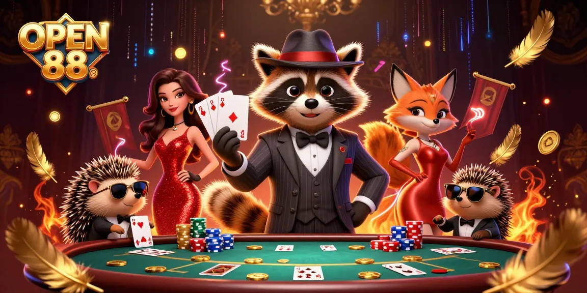 Engage in thrilling poker with OPEN 88, featuring vibrant characters and casino elements.