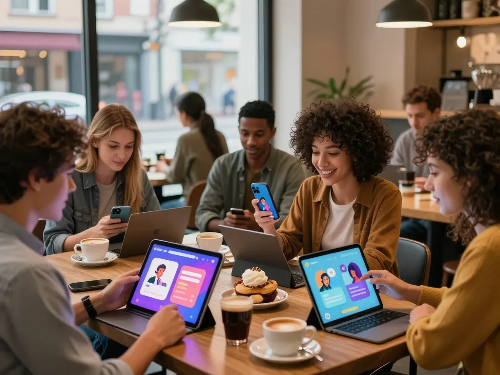 Engaging CrushOn AI scene with users exploring unfiltered character chats in a cozy café.