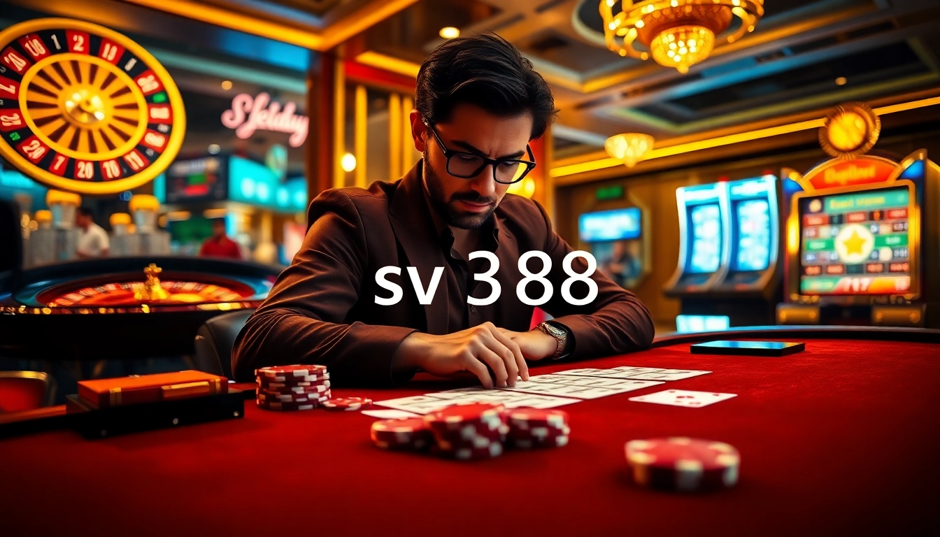Engaged player placing bets at a sv388 poker table amidst vibrant casino atmosphere.