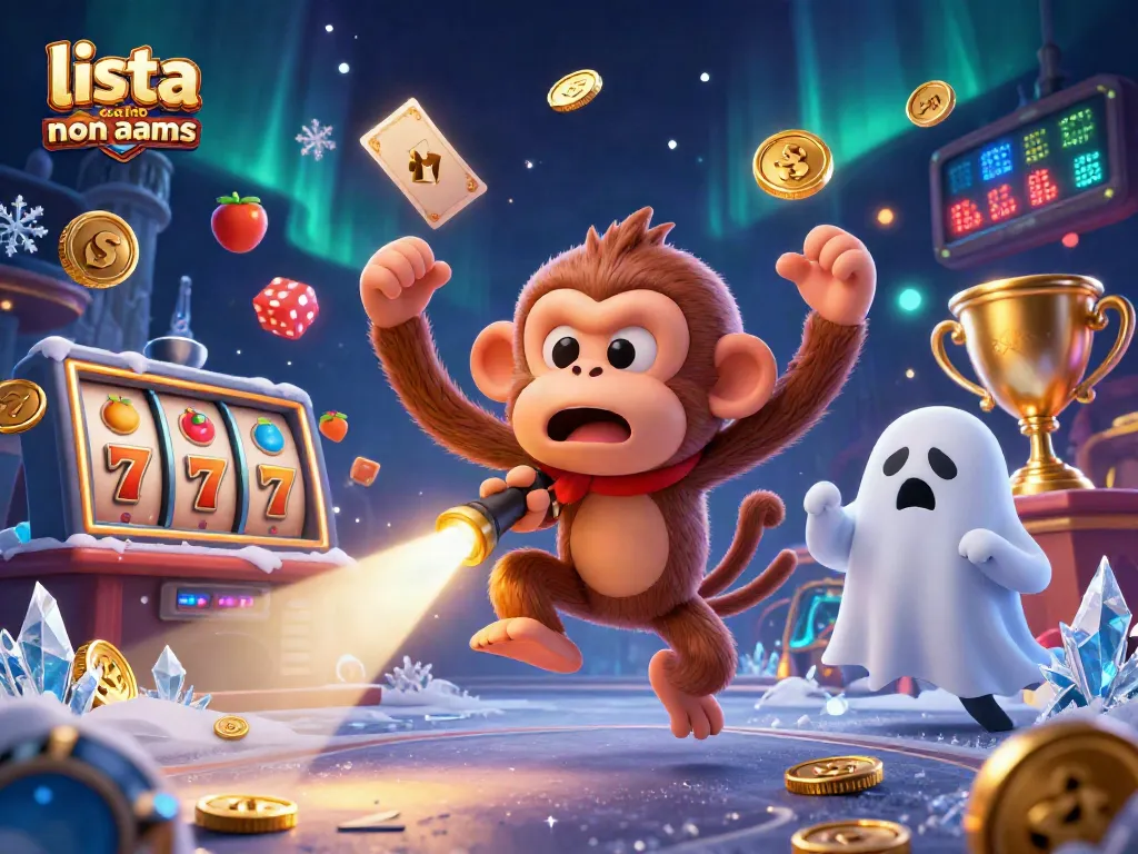 Scopri la lista casino non AAMS, con un'illustrazione di un monkey poltergeist in un casinò pieno di giochi e monete d'oro.