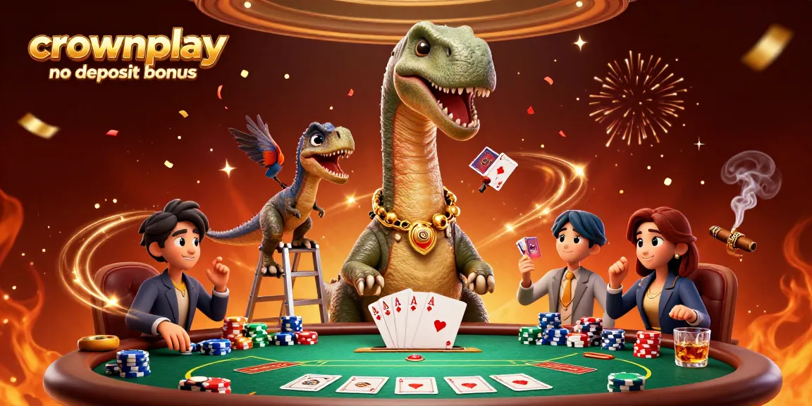Crownplay no deposit bonus showcased through a vivid 3D casino illustration featuring a playful brontosaurus and clever raptor dealing cards.