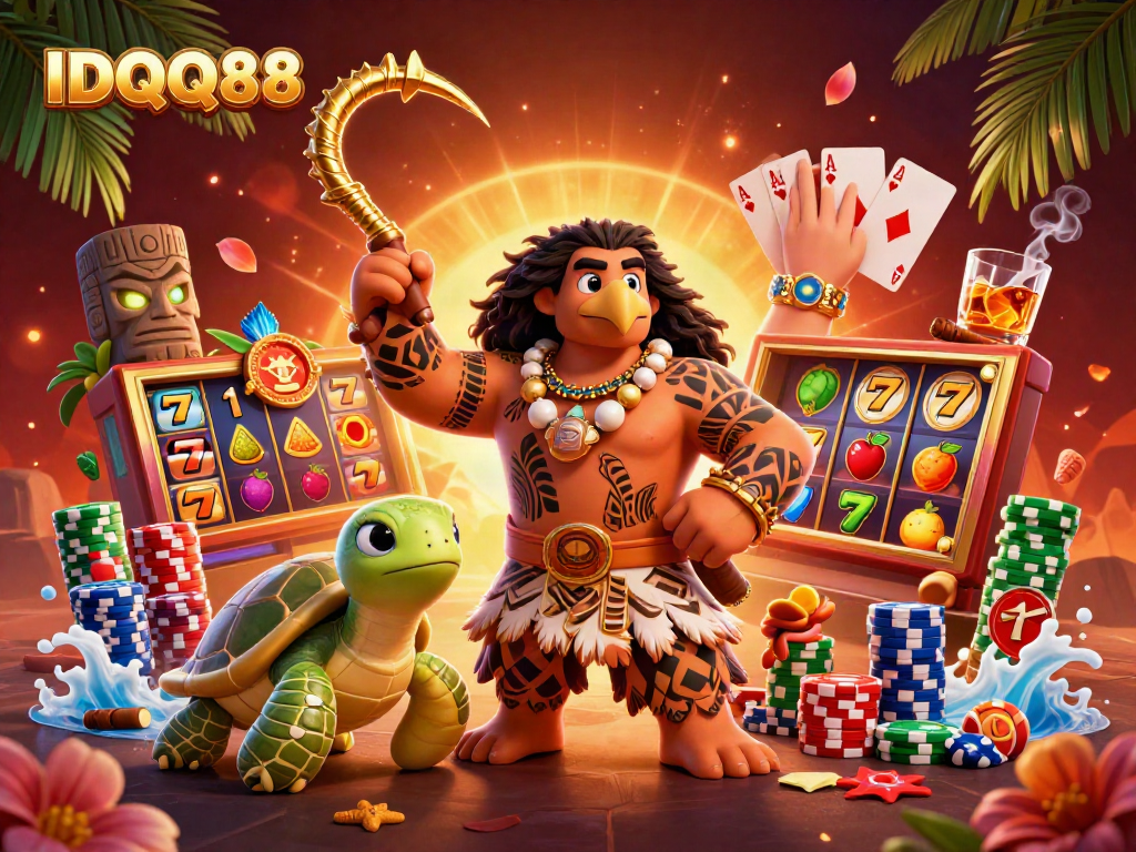 Engage in thrilling slots at IDQQ88 with vibrant symbols and lively characters in a dynamic casino scene.