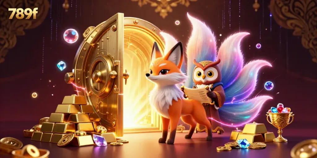 Experience thrilling wins at 789f with this vibrant casino-themed illustration showcasing colorful spirits and treasures.