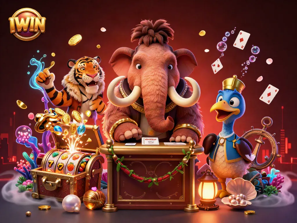 IWIN casino scene with a woolly mammoth bouncer checking IDs and a saber-tooth tiger VIP guest in an exciting environment.