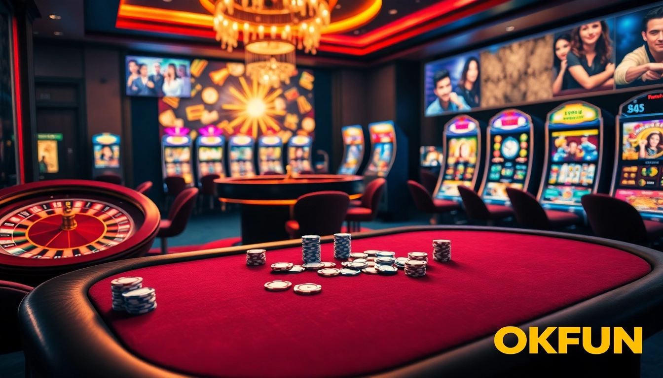 A lively scene at Nhà Cái OKFUN, featuring a poker table with colorful chips and players enjoying online gaming.