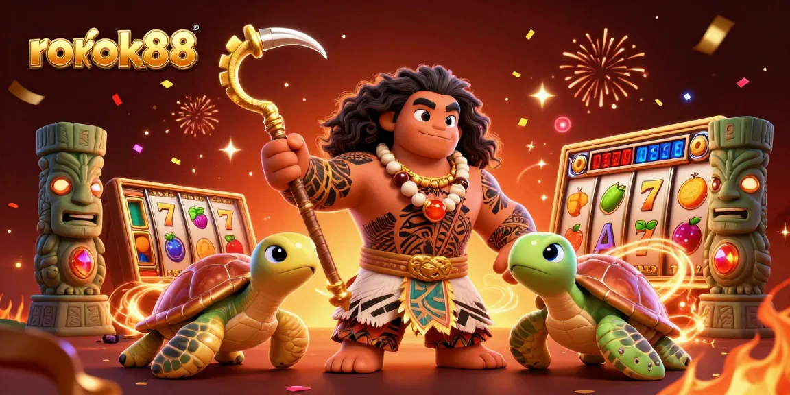 Experience vibrant wins with rokok88 in a magical casino scene filled with slot reels and dynamic characters.