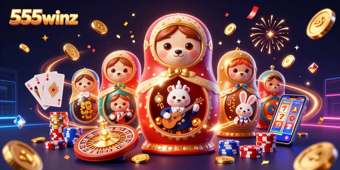 Experience the thrill of 555winz with a vibrant illustration of a Matryoshka bear casino scene, celebrating with cards and coins.