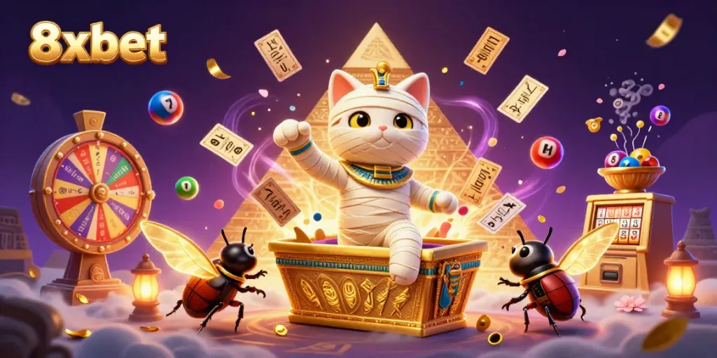 Experience thrilling 8xbet moments with animated Egyptian characters in a vibrant casino setup.