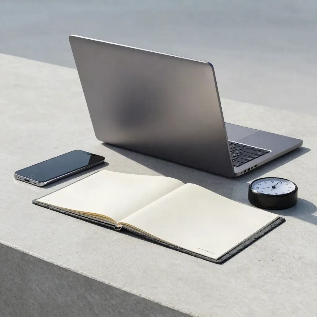 Closed laptop, briefing cards, phone, and timer on concrete in dramatic studio light.