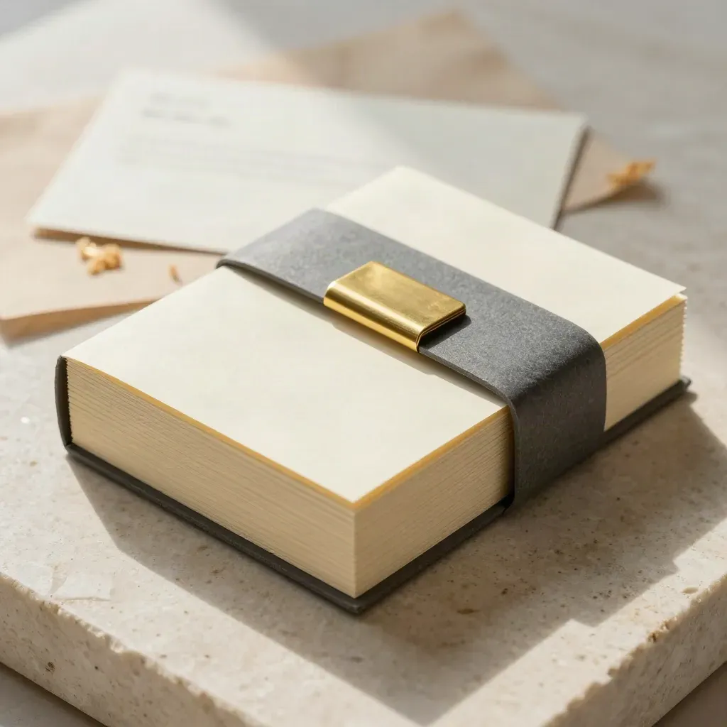 Parchment brand message kit with slate band and brass clip on travertine.