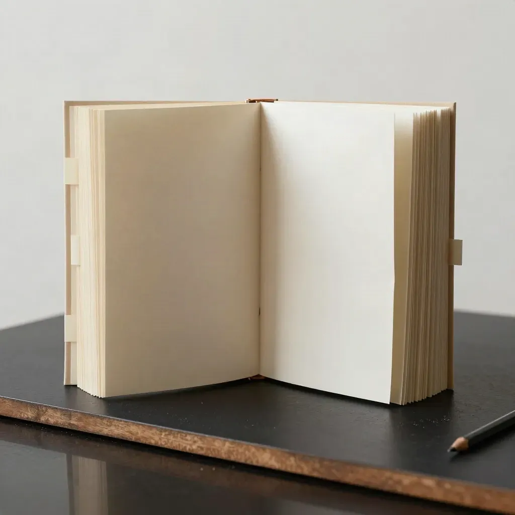 Ivory landing-page folio mid-spread with tabs and pencil on a dark studio surface.