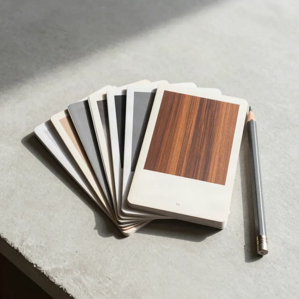 Overhead flatlay of tabbed content cards, pencil and paperweight on concrete.