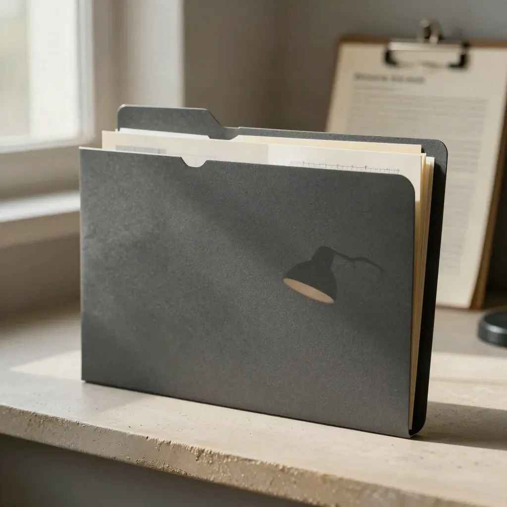 Closed PPC report folder with steel clip on a plaster ledge in soft studio window light