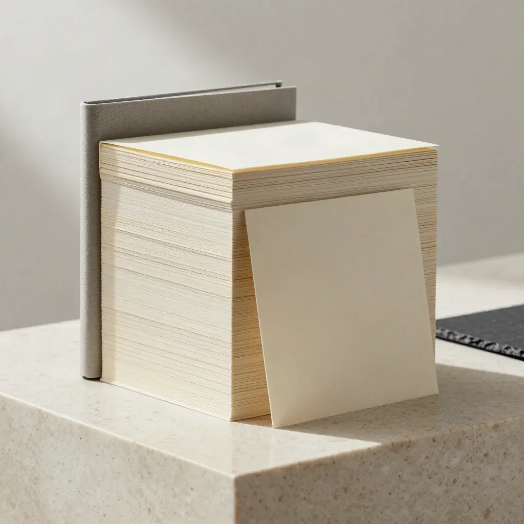Ivory SEO folio with tabs and notebook on travertine, softly lit in a studio hero shot.