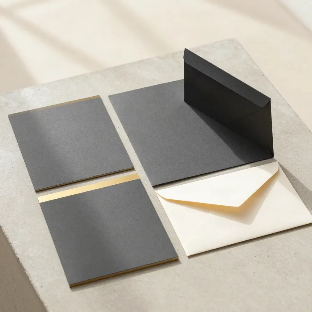 Overhead graphite audit kit with cards, dividers, and a sealed envelope on pale concrete.