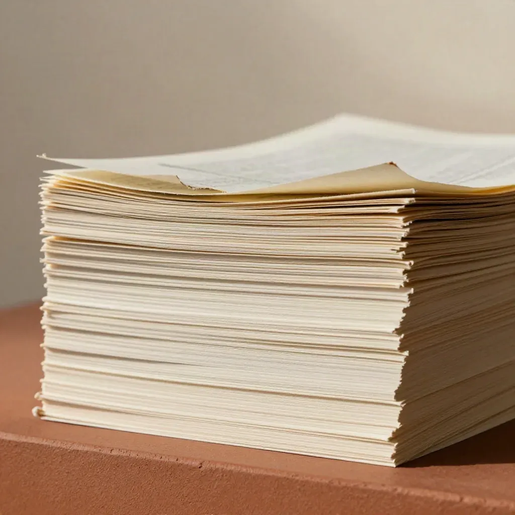 Ivory manuscript stack with penciled margins, folded pages, and an eraser on a terracotta ledge.