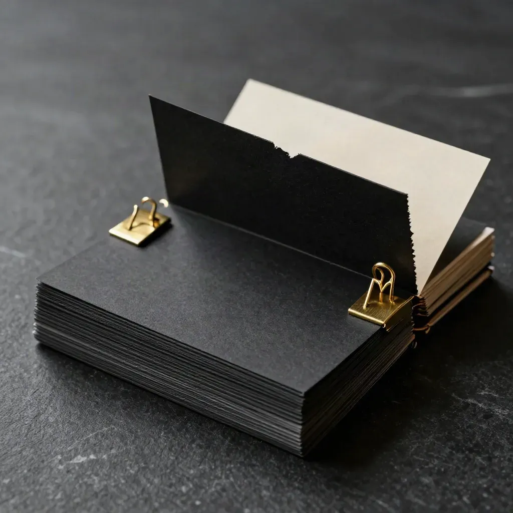 Black sales page rewrite deck opened with brass clips and torn storyboard cards on a dark surface.