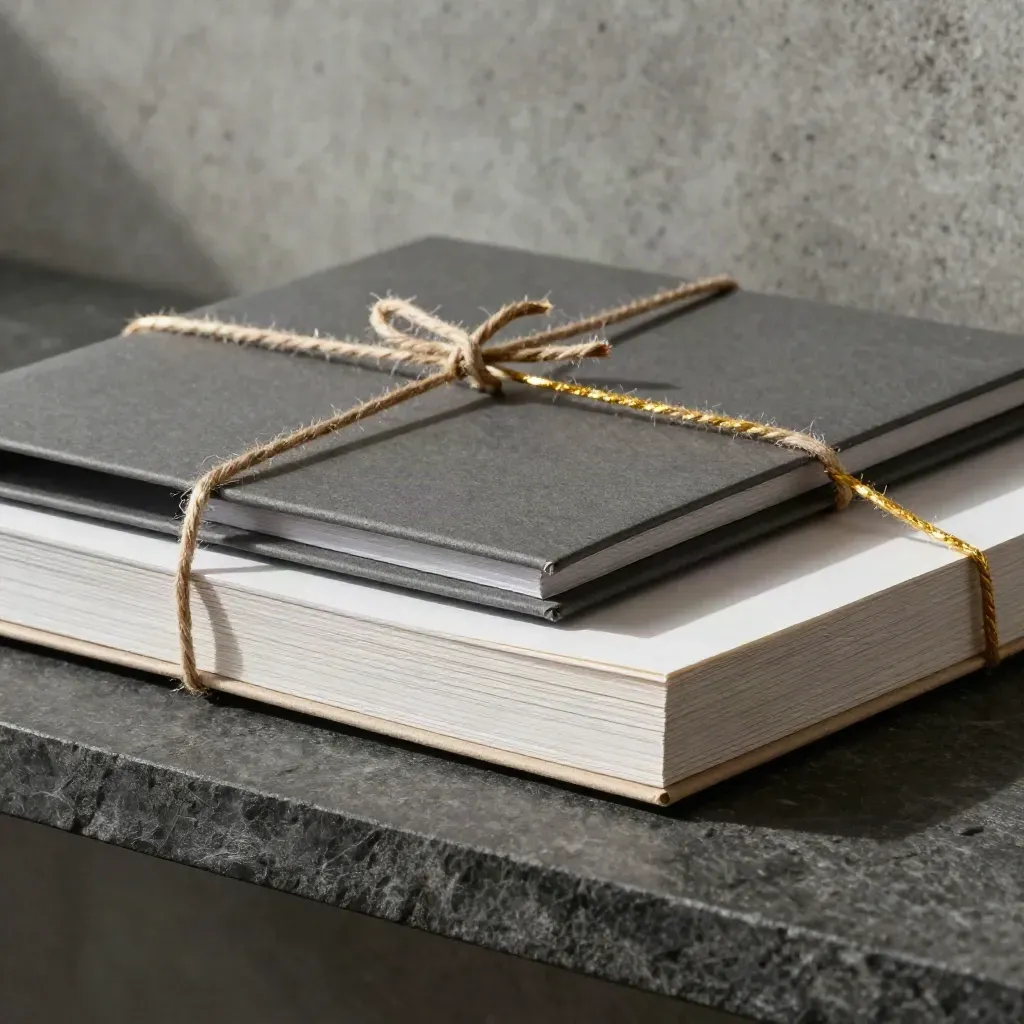 Graphite startup launch kit bundle tied with twine on a dark stone shelf