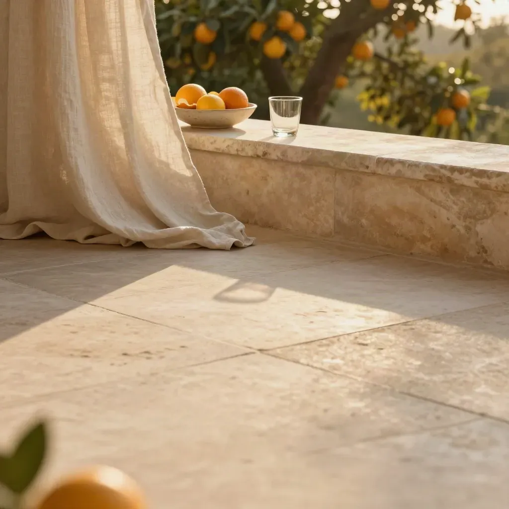 Golden limestone terrace with linen drape, citrus bokeh, and calm open copy space.