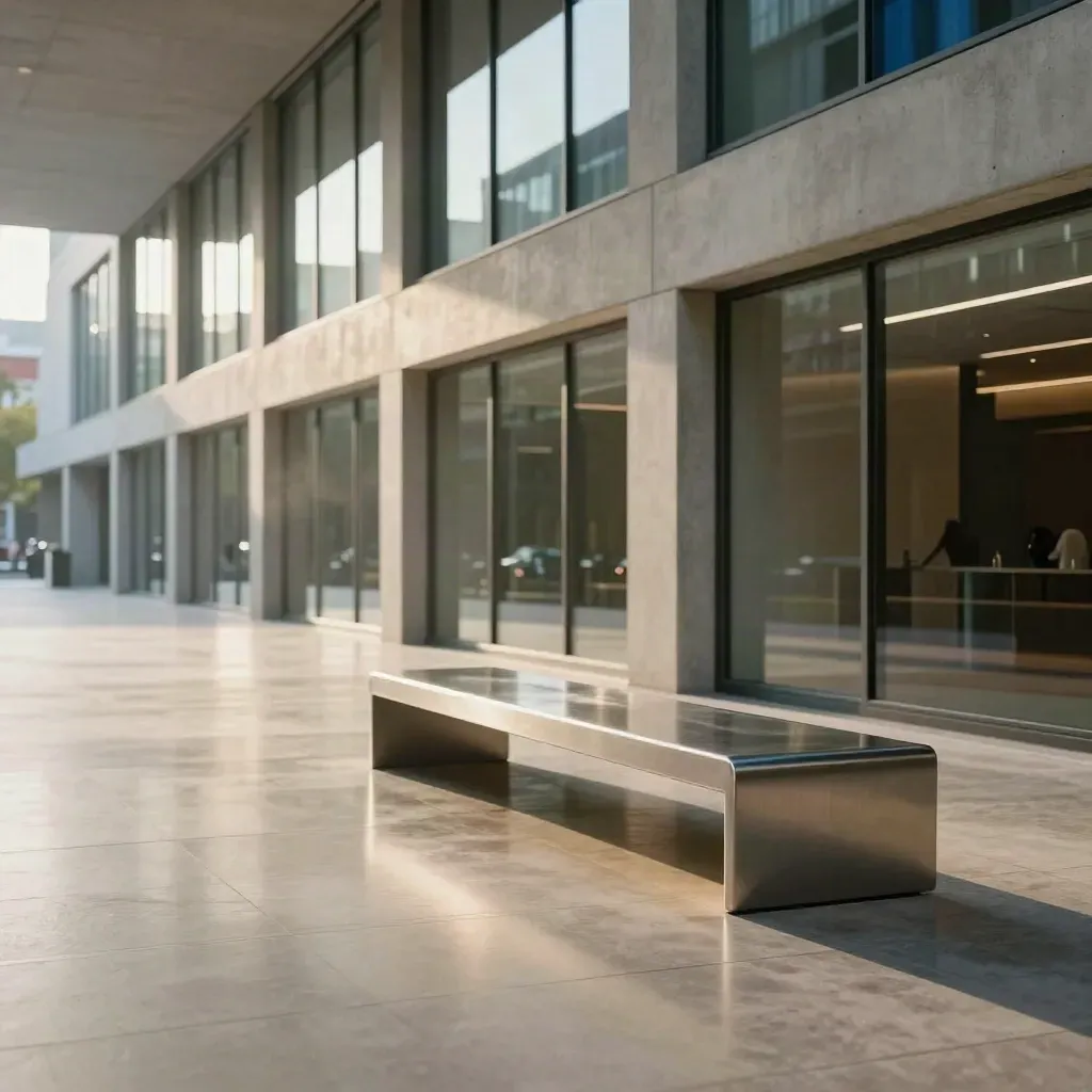 Sunlit glass arcade with brushed-metal bench and reflective floor, calm space for ad copy.