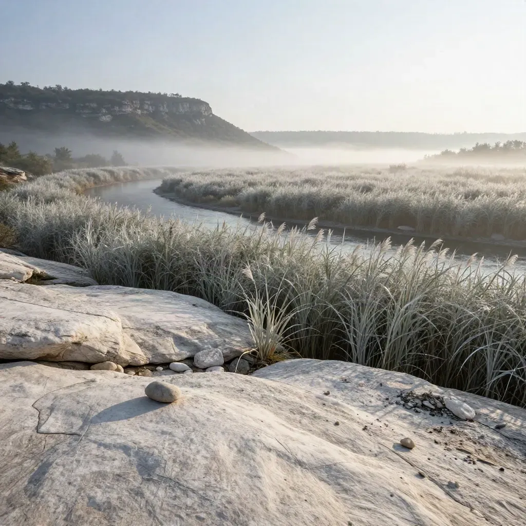 Misty riverbank at dawn with reeds, pale rock, and calm foggy water.