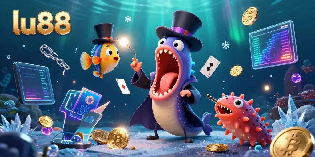 lu88's vibrant underwater casino scene with an eel magician and anglerfish spotlighting a unique performance