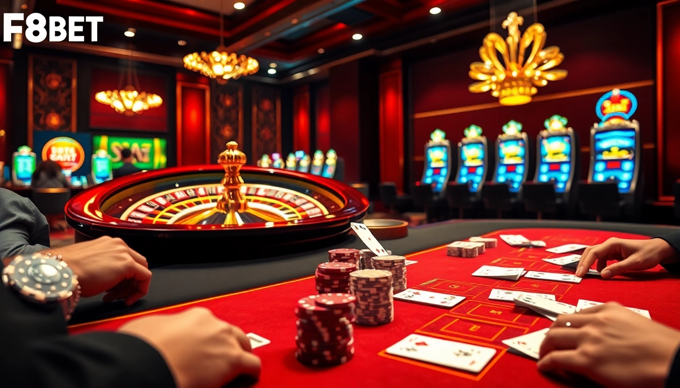 Experience the excitement at trang chủ f8bet chính thức with vibrant gambling scenes featuring poker and roulette.